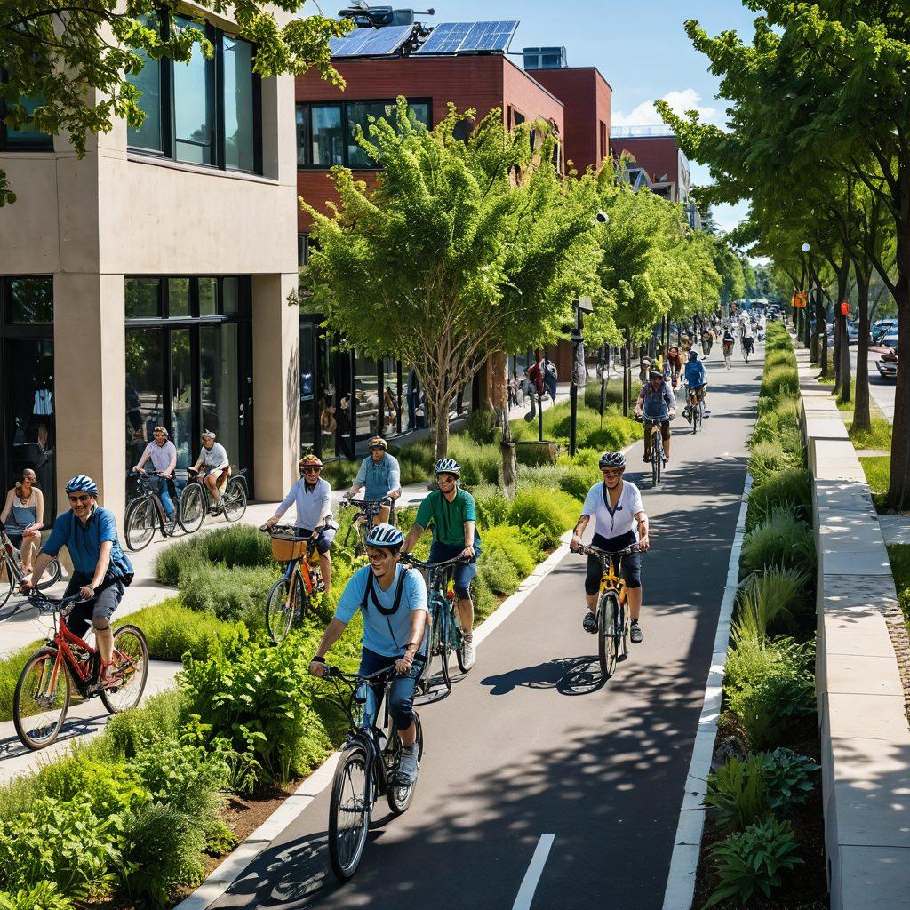 A lively urban scene showcasing a diverse group of people riding electric bicycles on a sunny day, with lush green parks and eco-friendly buildings in the background. Visual elements should include colorful bike lanes, solar panels on rooftops, and trees lining the streets with birds flying above. The atmosphere should feel vibrant, friendly, and sustainable, reflecting a future of eco-friendly commuting. super-realistic. vibrant colors. clear blue sky.