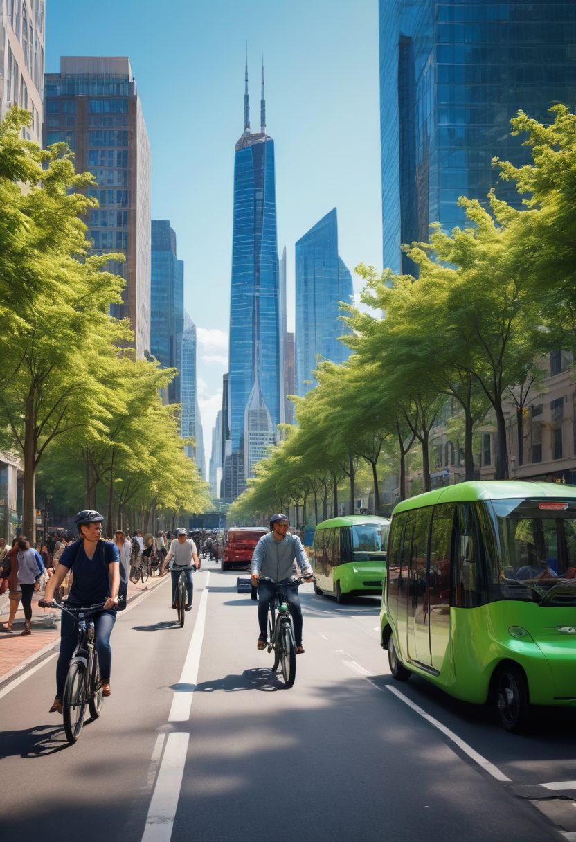 A bustling city landscape showcasing sleek, futuristic electric bicycles zooming past pedestrians and traditional vehicles. Emphasize vibrant green parks and eco-friendly charging stations integrated into the urban environment. Include diverse riders enjoying their commute, with skyscrapers and clear blue skies in the background. Add dynamic movement effects to convey speed and innovation. super-realistic. vibrant colors. 3D.