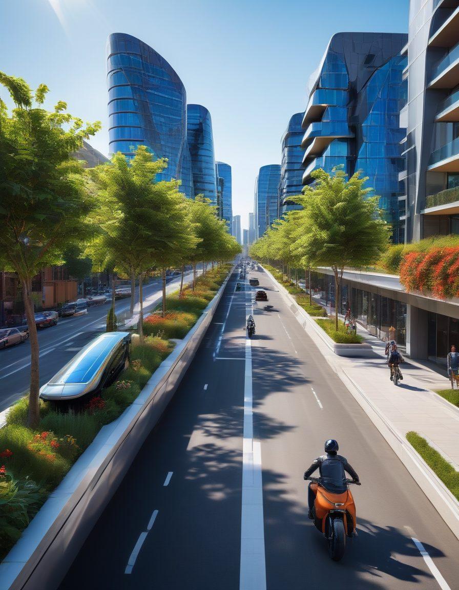 A futuristic urban landscape showcasing advanced electric bikes in action, with sleek designs and eco-friendly elements. Include diverse riders navigating through green parks and smart city infrastructure, featuring solar panels and charging stations. Emphasize dynamic movement and a sense of sustainability, with a backdrop of modern architecture. super-realistic. vibrant colors. high detail.